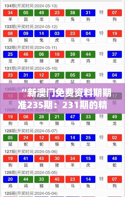 “新澳门免费资料期期准235期：231期的精准预测与用户信赖的象征”